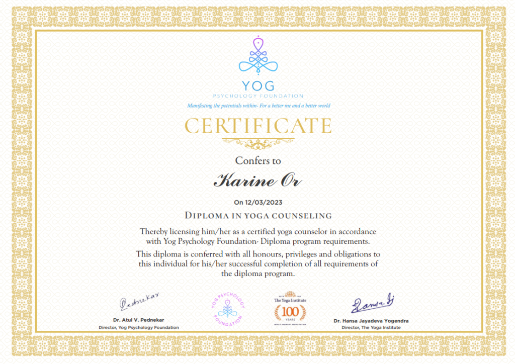 Diplome-Certificate Yoga Psychology Counselor
