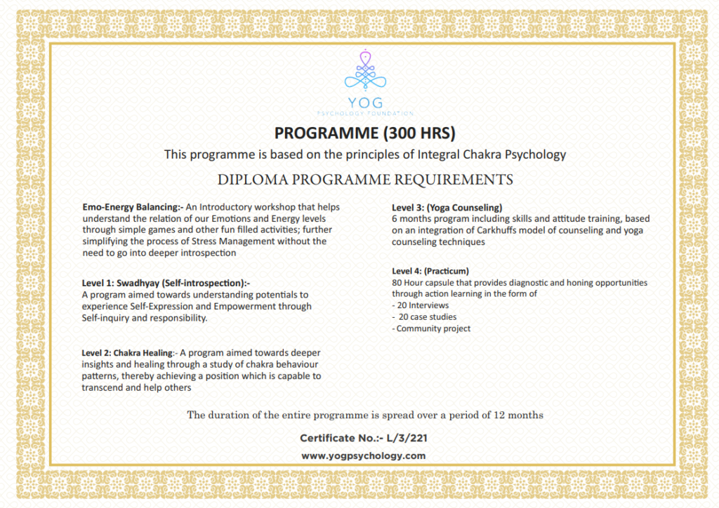 Diplome-Certificate Yoga Psychology Counselor